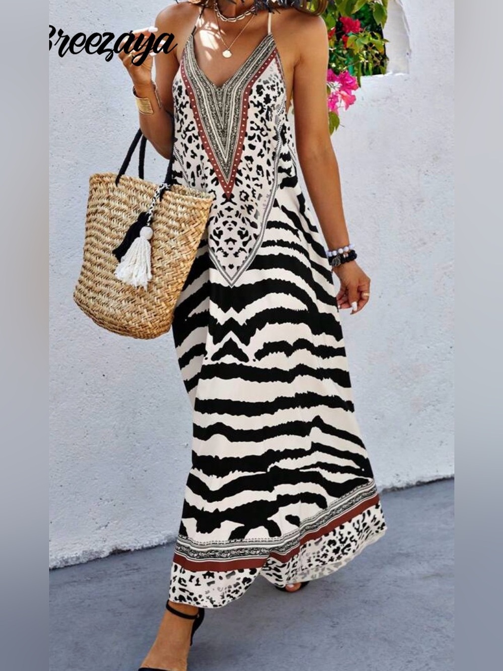 Like New Animal Print Halter Maxi Dress with open back- lightweight sz lg - Picture 3 of 4